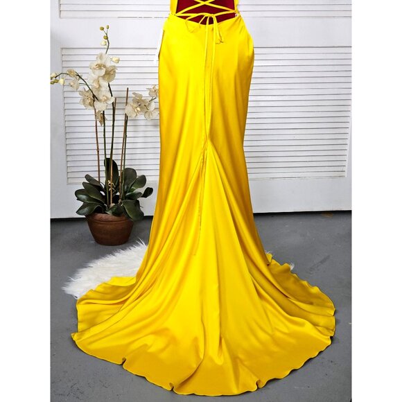 NWT Ellie Wilde Mon Cheri Sunflower Yellow Satin Long Prom Dress Size 16 1751 - Picture 8 of 16